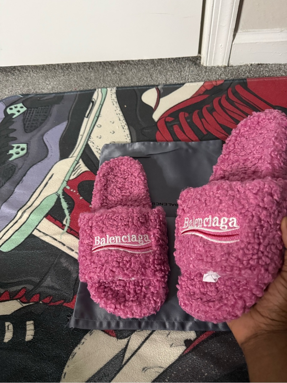 Balenciaga Women's Pink Fluffy Slide Slippers